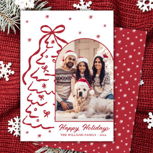 Whimsical Hand-Drawn Red Christmas Tree Arch Photo Holiday Card