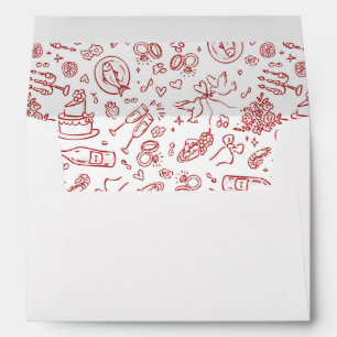 Whimsical Hand Drawn Red Illustrations Wedding Envelope
