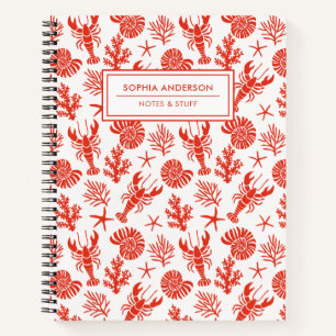 Whimsical Hand Drawn Red Lobster & Shells Custom Notebook