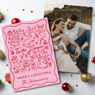 Whimsical Hand Drawn Red Pink Fun Photo Christmas Holiday Card