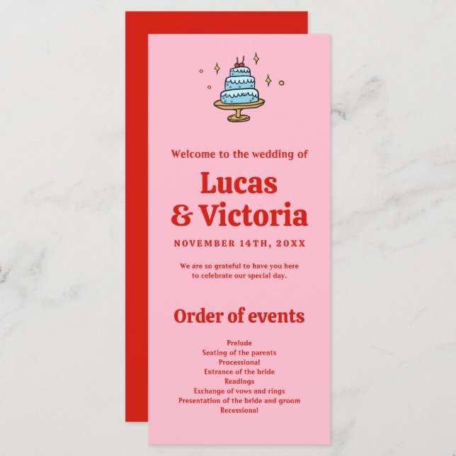 Whimsical Hand Drawn Red & Pink Wedding Program  (Front/Back)