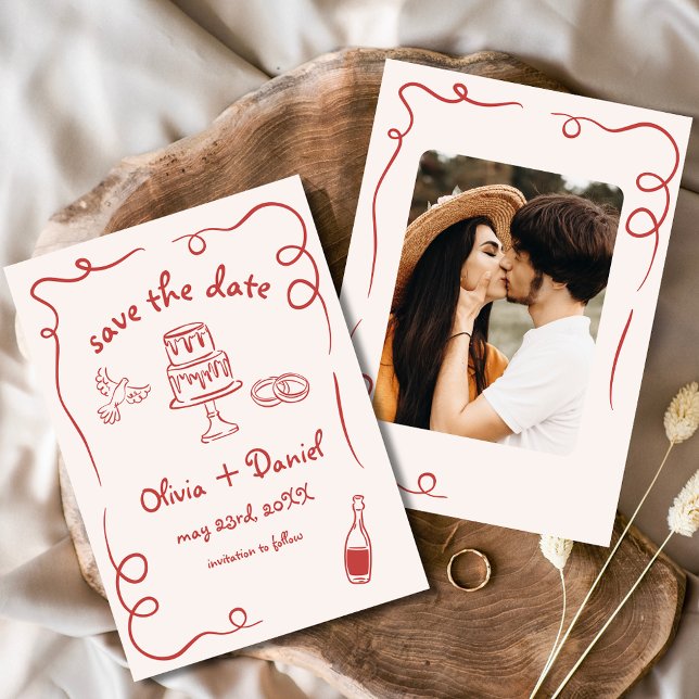 Whimsical Hand Drawn Red Wedding Photo Save The Date (Creator Uploaded)