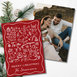 Whimsical Hand Drawn Red & White Photo Christmas  Holiday Card