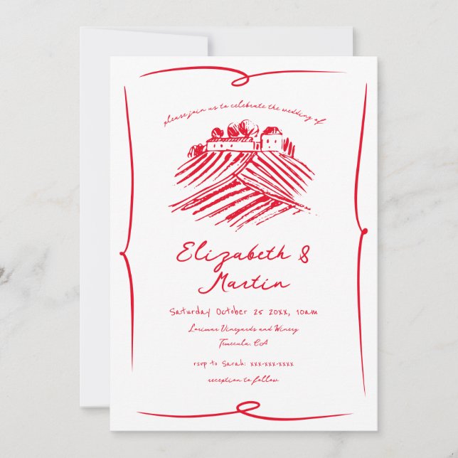Whimsical Hand Drawn Red Winery Wedding Invitation (Front)