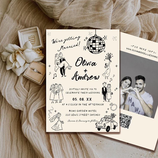 Whimsical Hand Drawn Retro Photo Funky Wedding Invitation (Creator Uploaded)