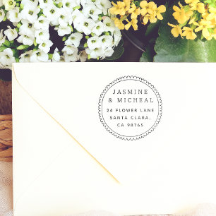 Whimsical Hand Drawn Round Frame Return Address Rubber Stamp