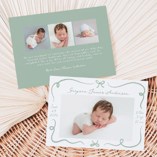 Whimsical Hand-Drawn Sage Green Bows 4 Photo Birth Announcement
