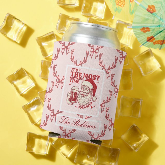Whimsical Hand-Drawn Santa Christmas Can Cooler (In Situ Summer)