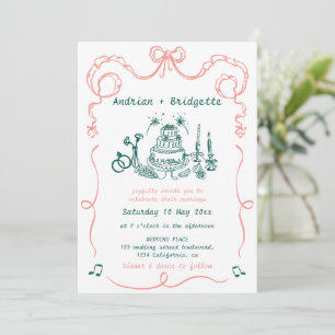 Whimsical Hand Drawn Scribble Bow Wedding Invitation