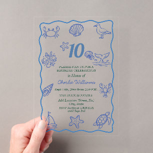 Whimsical Hand Drawn Sea Life 10th Birthday Party Acrylic Invitations