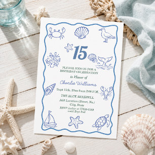 Whimsical Hand Drawn Sea Life 15th Birthday Party Invitation