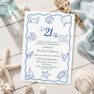 Whimsical Hand Drawn Sea Life 21st Birthday Party Invitation