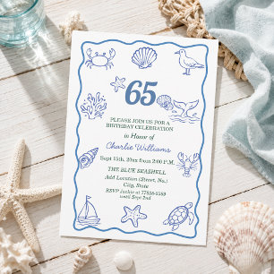 Whimsical Hand Drawn Sea Life 65th Birthday Party Invitation