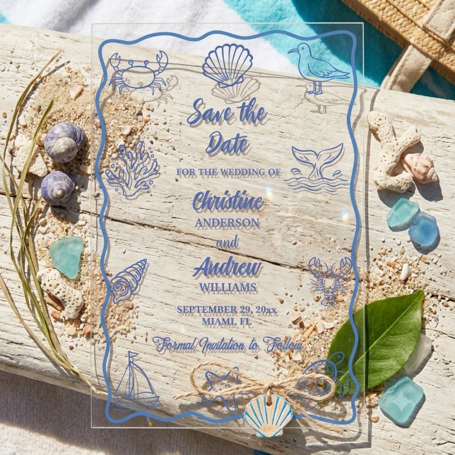 Whimsical Hand Drawn Sea Life Save the Date Acrylic Invitations (Creator Uploaded)