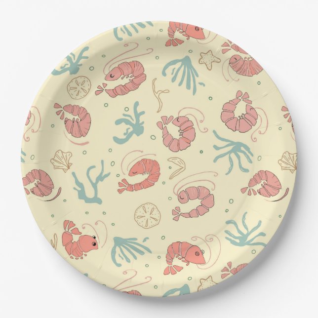 Whimsical Hand-Drawn Shrimp Summer Party, Paper Plate (Front)
