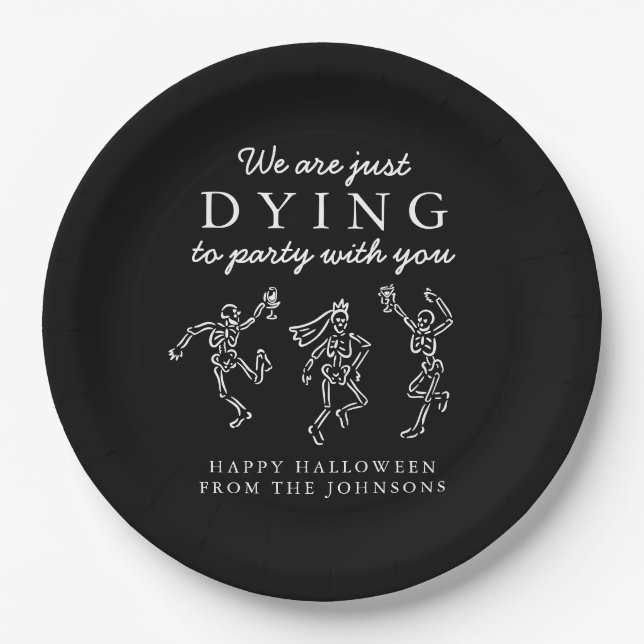 Whimsical Hand Drawn Skeletons Halloween Party Paper Plate (Front)