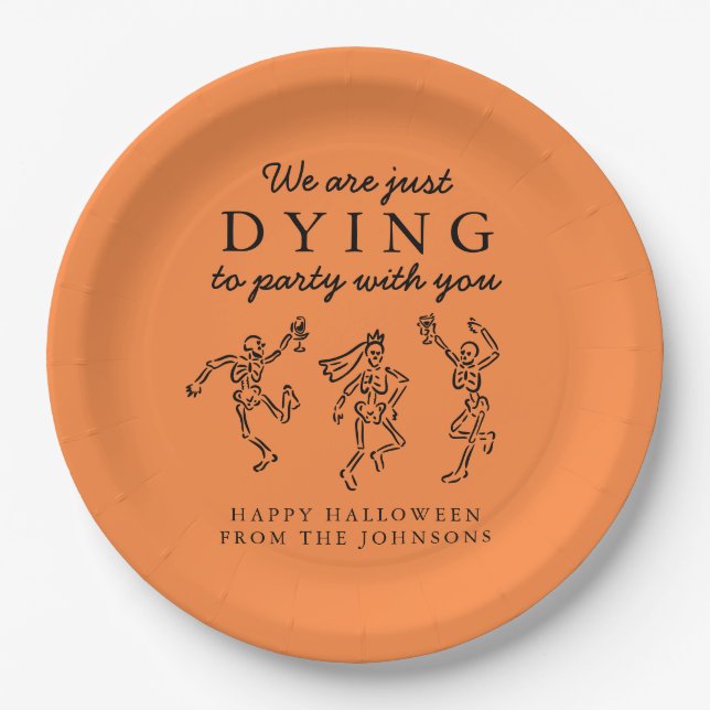 Whimsical Hand Drawn Skeletons Halloween Party Paper Plate (Front)
