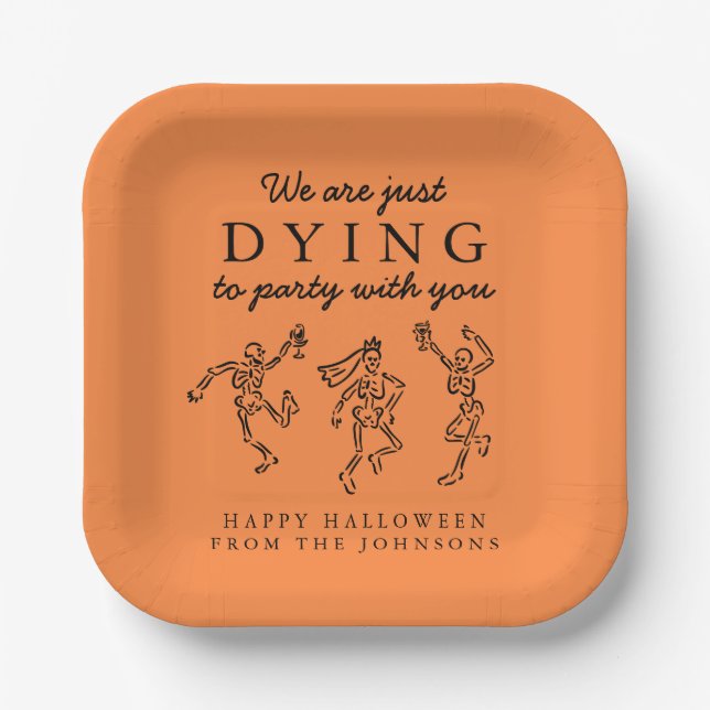Whimsical Hand Drawn Skeletons Halloween Party Paper Plate (Front)
