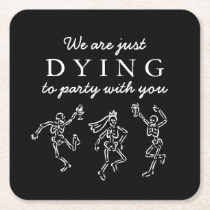 Whimsical Hand Drawn Skeletons Halloween Party Square Paper Coaster