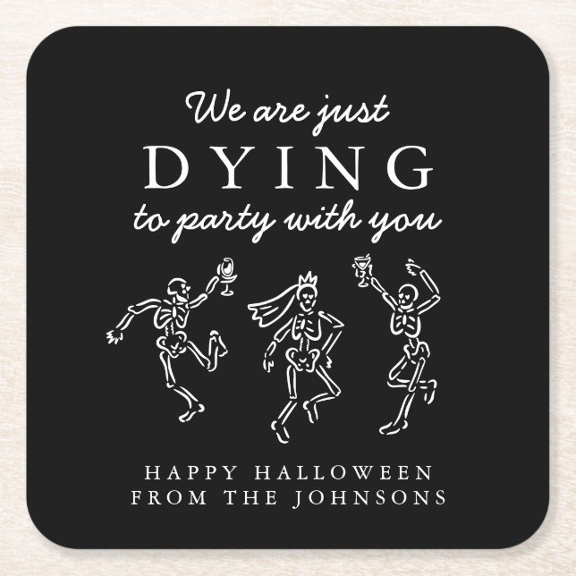 Whimsical Hand Drawn Skeletons Halloween Party Square Paper Coaster (Front)