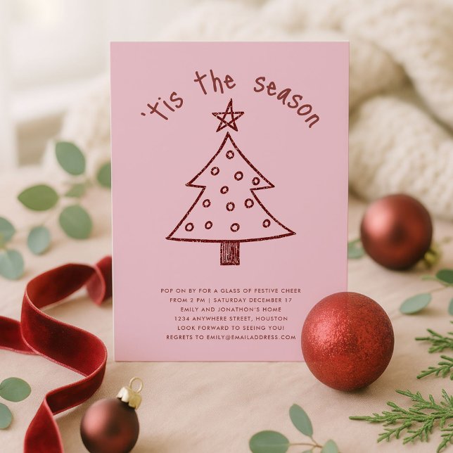 Whimsical Hand Drawn Tree Red Pink Christmas Party Invitation (Creator Uploaded)