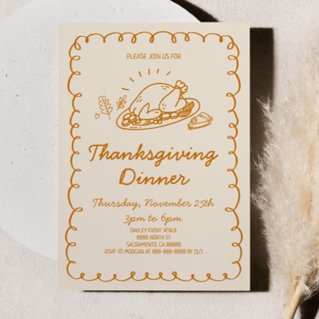 Whimsical Hand Drawn Turkey Thanksgiving Dinner Invitation (Creator Uploaded)
