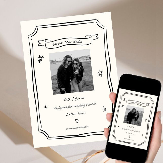 Whimsical Hand Drawn Unique Wedding Photo Save The Date (Creator Uploaded)