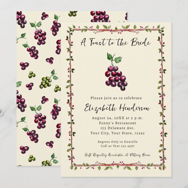 Whimsical Hand-Drawn Vineyard Wine Bridal Shower Invitation (Front/Back)