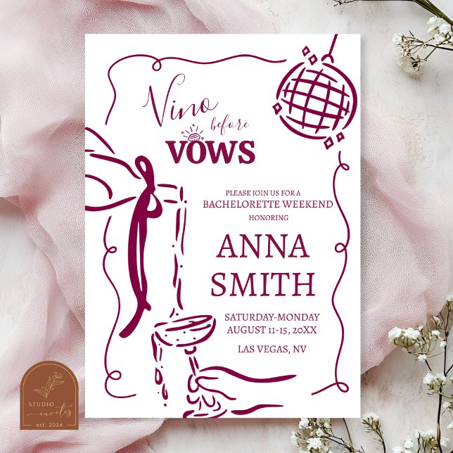 Whimsical Hand Drawn Vino Before Vow Bachelorette Invitation (Creator Uploaded)