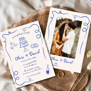Whimsical Hand Drawn Vintage Photo Blue Wedding Invitation