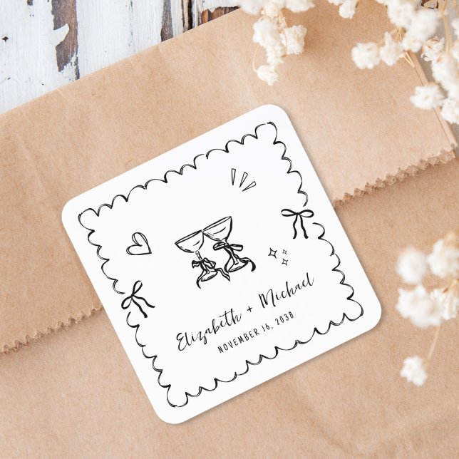 Whimsical Hand Drawn Wavy Frame Wedding Square Sticker (Creator Uploaded)