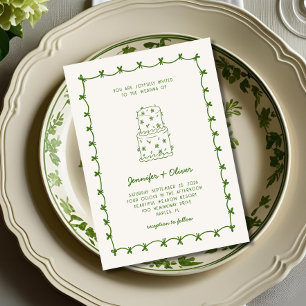 Whimsical Hand Drawn Wedding Cake Green Invitation