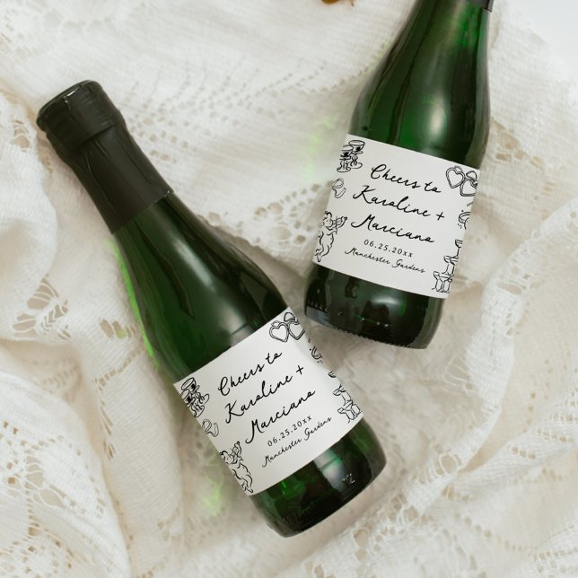 Whimsical Hand Drawn Wedding Doodles Sparkling Wine Label (Creator Uploaded)