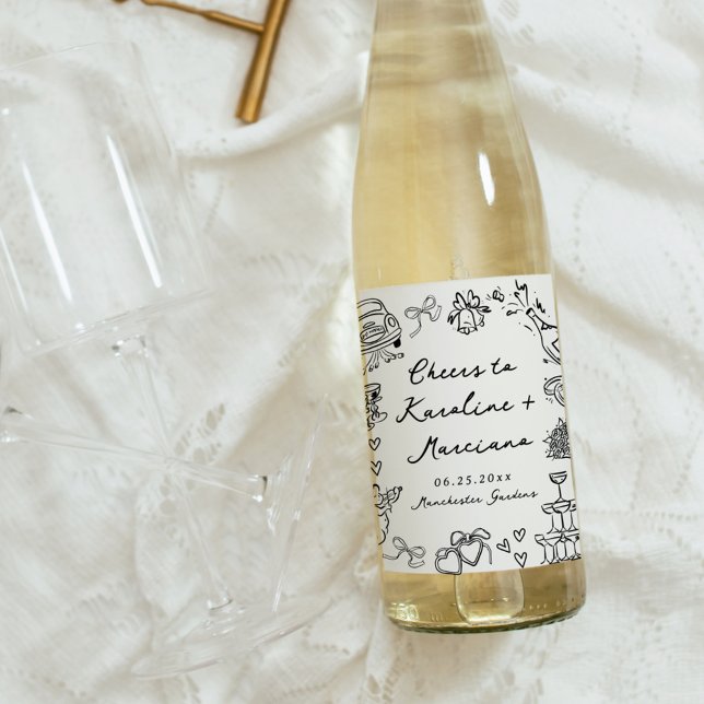 Whimsical Hand Drawn Wedding Doodles Wine Label (Creator Uploaded)