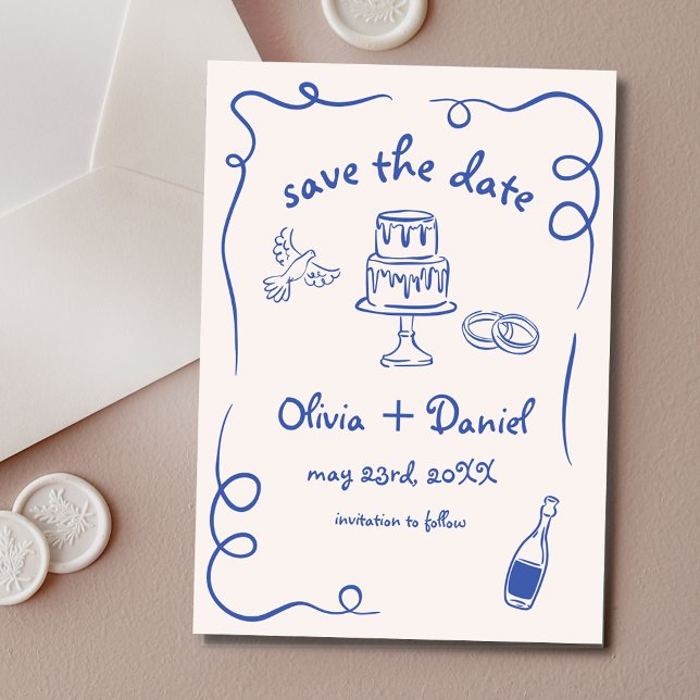 Whimsical Hand Drawn Wedding French Navy Blue Save The Date (Creator Uploaded)
