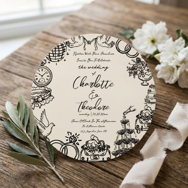 Whimsical Hand-Drawn Wedding Invitation | Creative Classic Round Sticker (Creator Uploaded)