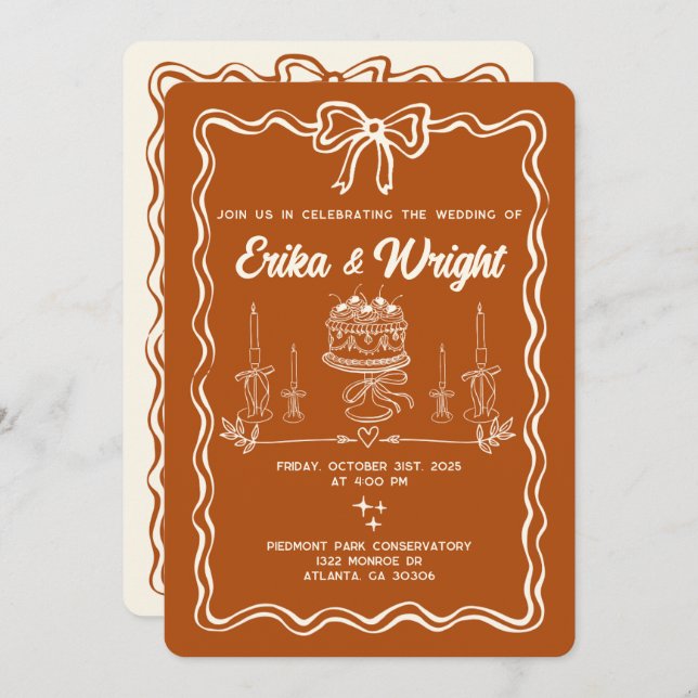 Whimsical Hand Drawn Wedding Invitation Cute Bows (Front/Back)