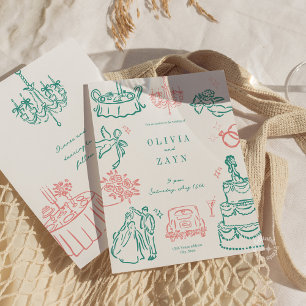 Whimsical Hand Drawn Wedding Invitation Turquoise