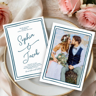 Whimsical Hand Drawn Wedding Photo Blue and White Invitation
