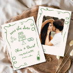 Whimsical Hand Drawn Wedding Photo Green Save The Date<br><div class="desc">Set the tone for your wedding with this whimsical hand-drawn save the date photo card! Featuring delicate, artistic details and a personalised photo, this design beautifully blends creativity and charm. The soft, elegant typography enhances the romantic theme, while the customisable details ensure it aligns perfectly with your special day. Ideal...</div>