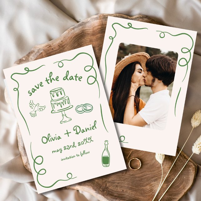 Whimsical Hand Drawn Wedding Photo Green Save The Date (Creator Uploaded)