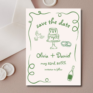 Whimsical Hand Drawn Wedding Quirky Green Save The Date