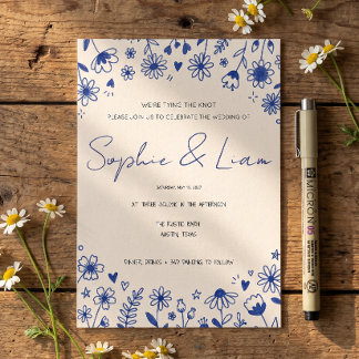 Whimsical Hand Drawn Wildflower Doodle Wedding Inv Invitation