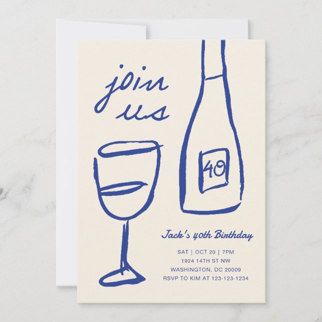 Whimsical Hand Drawn Wine Birthday Invitation (Front)