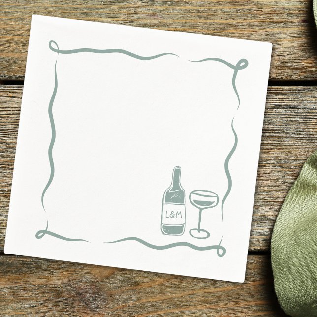 Whimsical Hand Drawn Wine Wedding Chic Sage Green Napkin (Creator Uploaded)