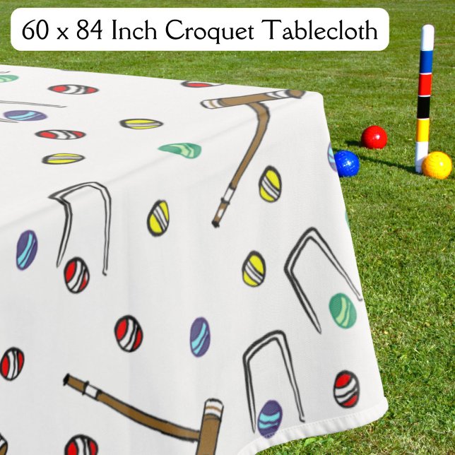 Whimsical Hand-Illustrated Croquet Vintage Picnic Tablecloth (This retro croquet party tablecloth features colorful, hand-drawn balls, mallets, and wickets.)