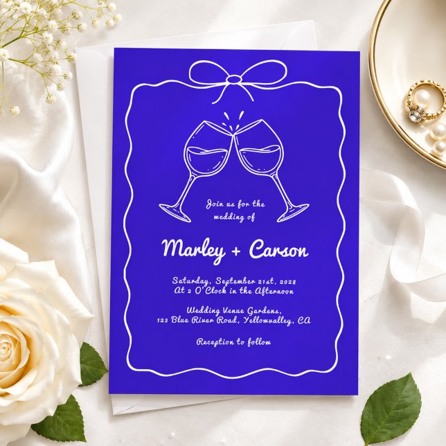 Whimsical Hand Lettered Elegant Royal Blue Wedding Invitation (Creator Uploaded)
