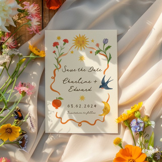 Whimsical Hand-Painted Handwritten Sun and Moon  Save The Date (Creator Uploaded)