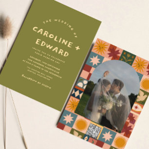 Whimsical handdrawn Bold colorful wedding Invitation