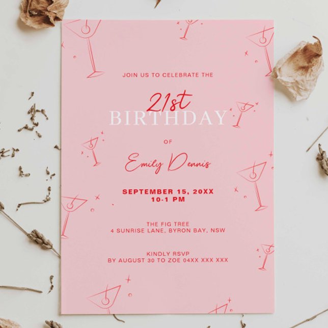Whimsical Handdrawn martini 21st Birthday Party Invitation (Creator Uploaded)